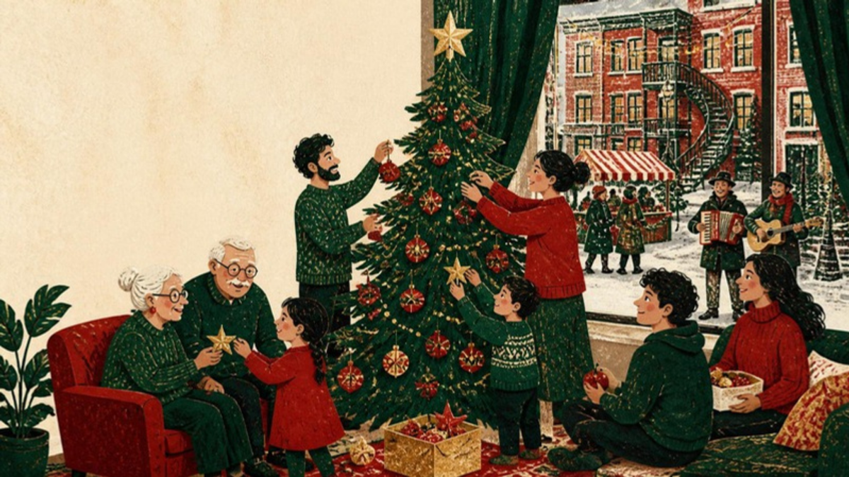 Une famille de plusieurs générations décore un sapin; par la fenêtre, une rue de Limoilou en fête